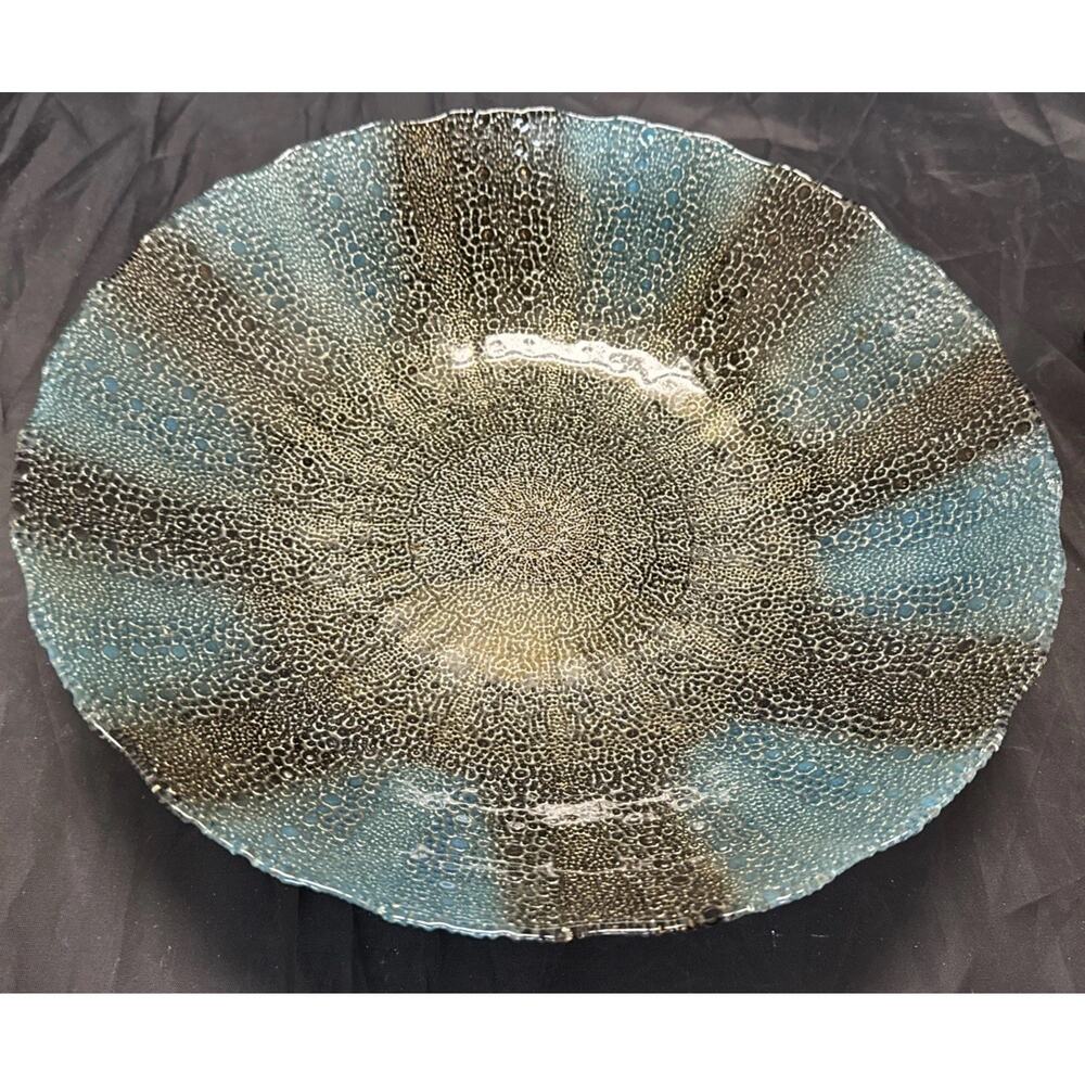 Artistic Accents Fused Glass Console Bowl 13” Scalloped Edge Teal Gold Turkey
